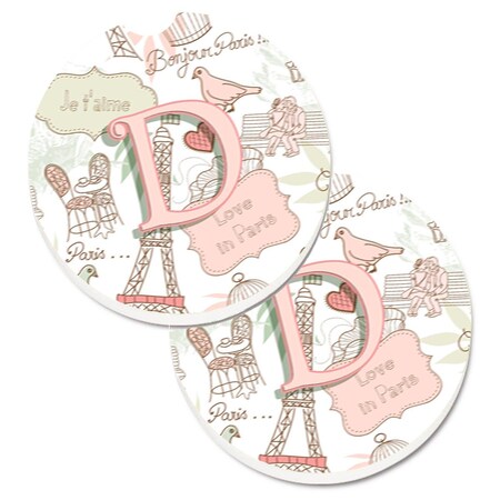 Carolines Treasures Letter D Love in Paris Pink Set of 2 Cup Holder Car Coaster CJ2002-DCARC